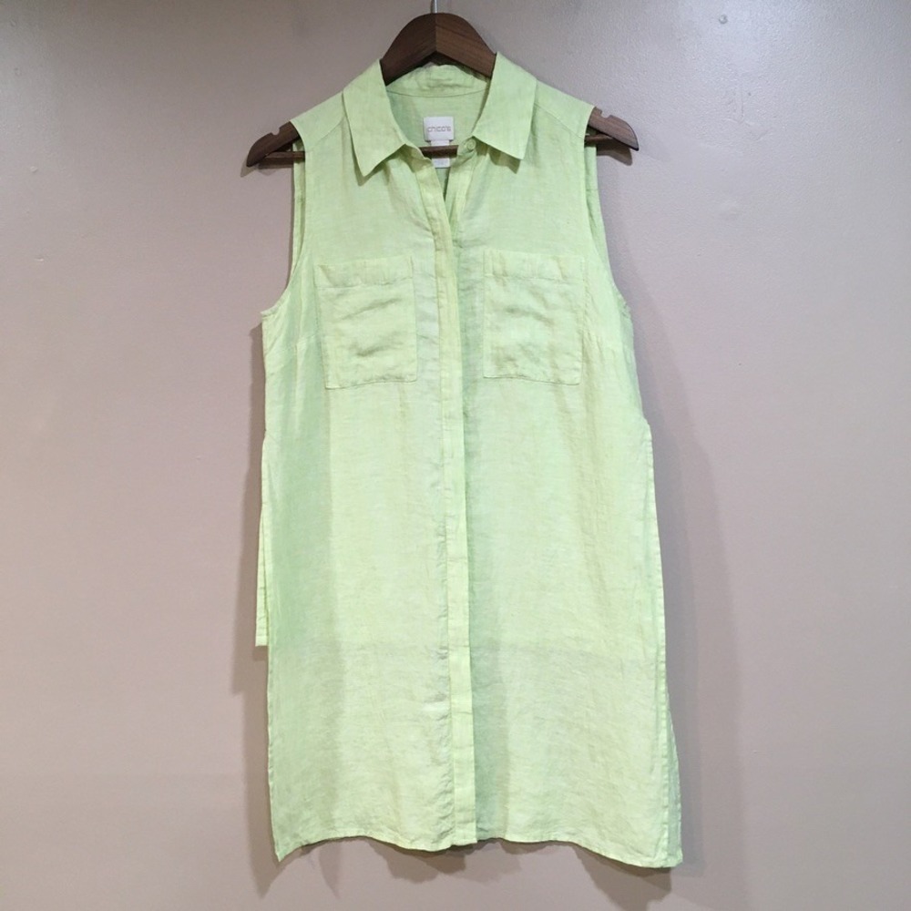 Chicos Sleeveless Button Up Linen Tunic Dress Womens S Lime Green Coastal Preppy
